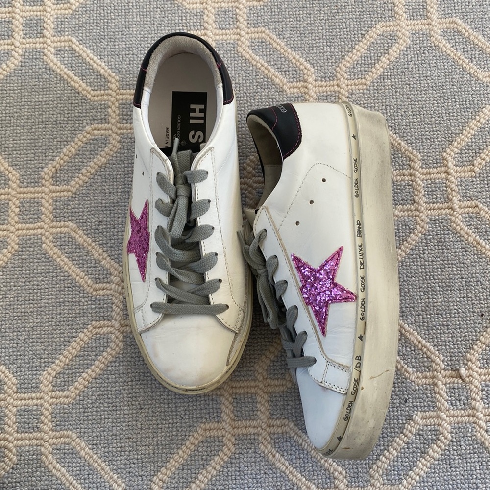 Golden Goose Platform Sneakers with Purple Glitter Star